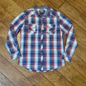 NWT BKE Shirt Mens XLarge Red Plaid Long Sleeve Pearl Snap Standard Fit Wester